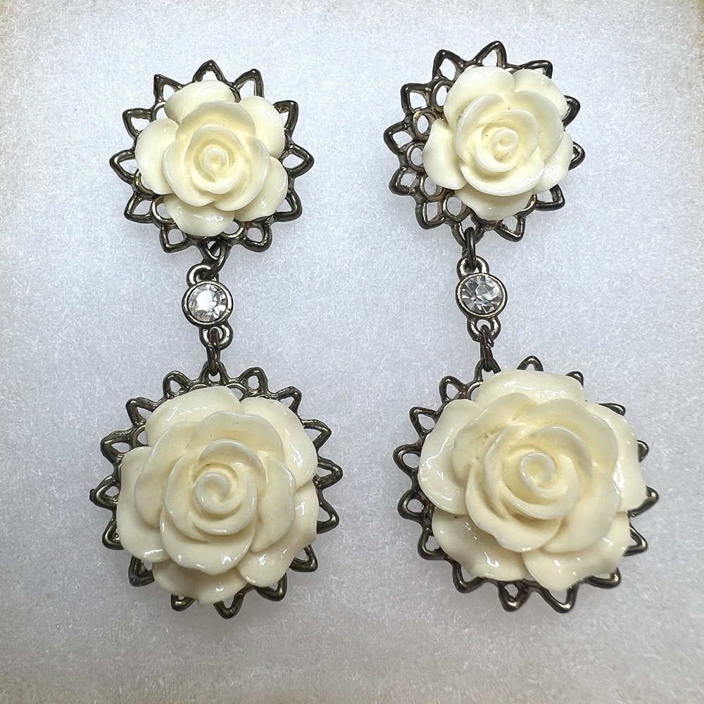 Vintage Ivory Rose Drop Earrings Antiqued Gold Tone Rhinestone Dangle Earrings
